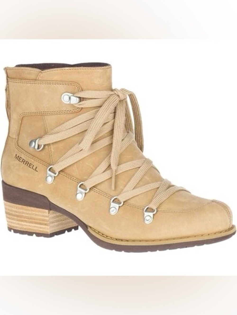 NWOT Merrell Tan Lace-Up Suede Ankle Boot with Stacked Heel
